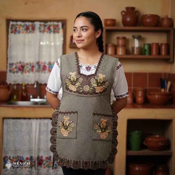 Brown Mexican Embroidered Smock Apron – Floral Traditional Design for Women - Picture 1 of 8